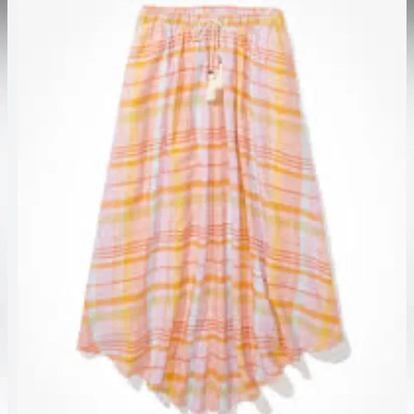 American Eagle Plaid Midi Skirt in Pink and Orange Size M Elastic Waist Boho - Picture 2 of 12